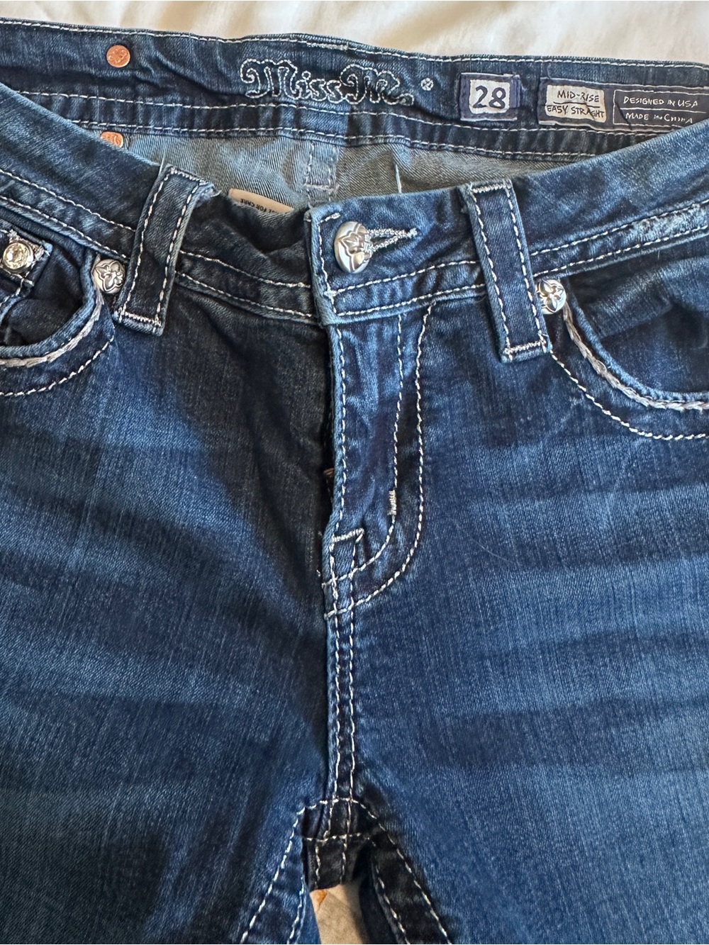 Miss Me Dark Blue Bootcut Jeans with White Stitching